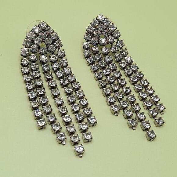 Vintage Clear Rhinestone Fringe Post Earrings, 1980s, 2 1/2 Inches - Picture 7 of 9